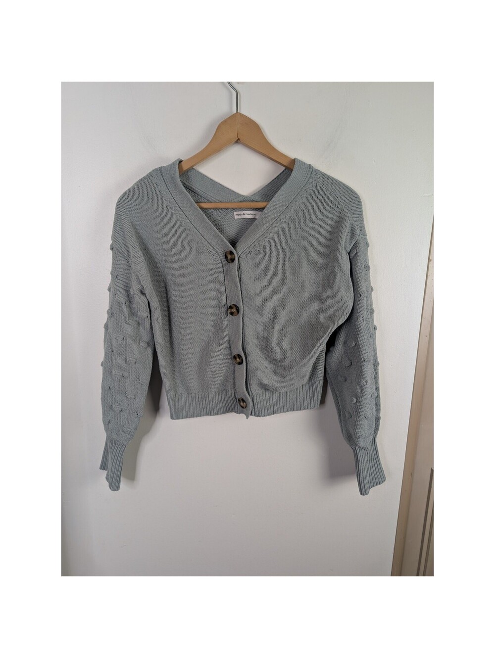 Moon & Madison Small S Cardigan Sweater Light Green Pom Pom Sleeves